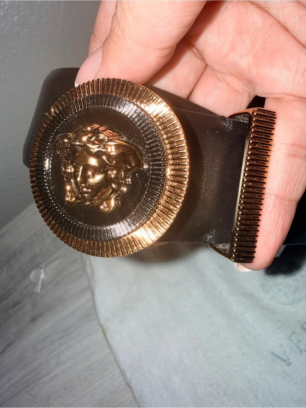Versace Black Leather Belt with Gold Medusa Round Buckle